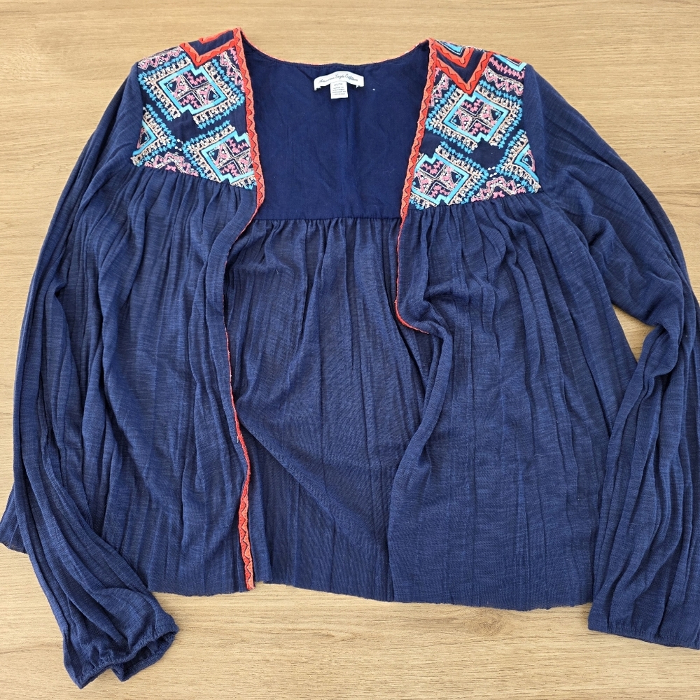 American Eagle Embroidered Navy Open-Front Women's Top